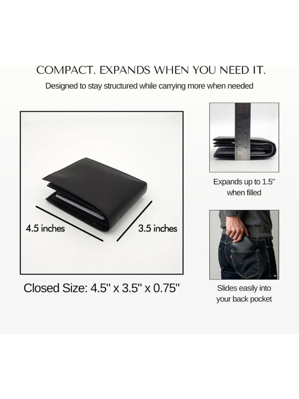 Stylish Black Bifold Leather Wallet for Men, 3 ID Windows & Zipper Pocket